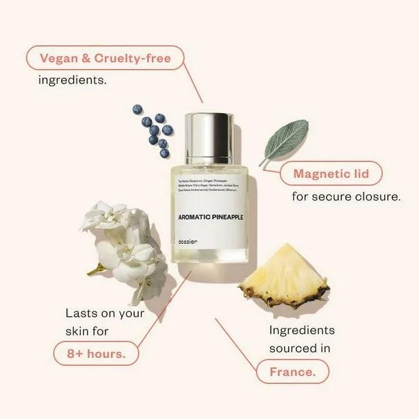 Aromatic Pineapple Dossier Inspiración de Y de YSL Piña jugosa se une a la limpieza herbal de la Salvia y los Conos de Enebro para una sensación crispy y vibrante.